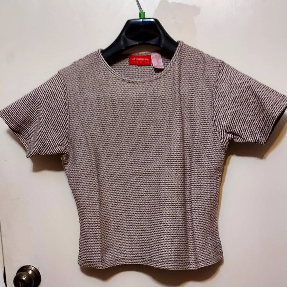 Liz Claiborne Womans Pullover Top.  Sz XS Short Sleeve Brown & White WaffleWeave